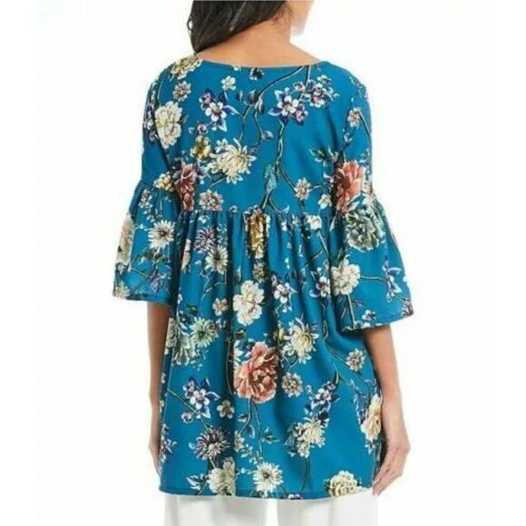Bryn Walker Diego Tunic Teal Blue Floral Size Medium Bell Sleeves - Picture 3 of 13